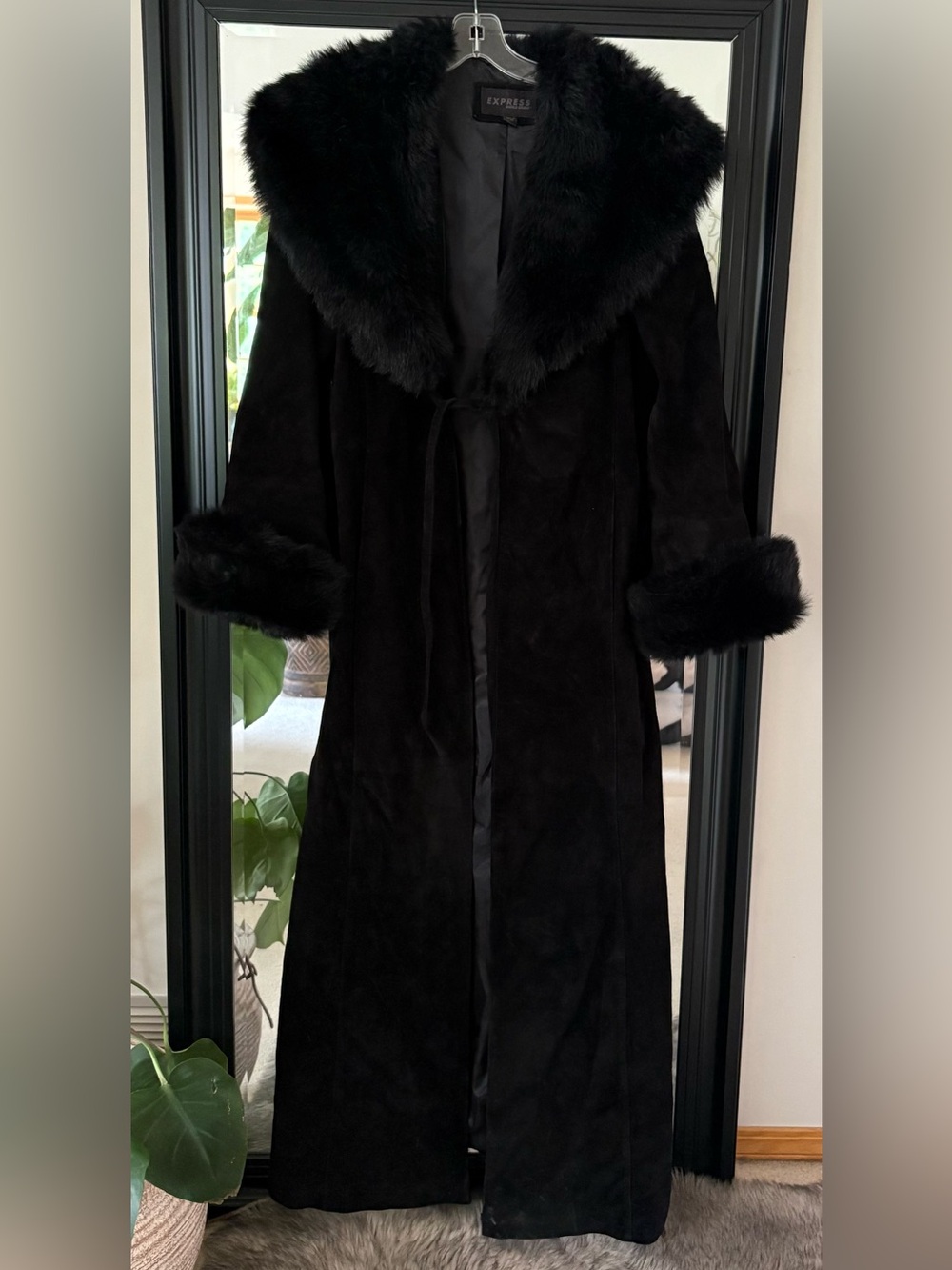 Vintage Y2K 2000’s Express Black Suede Faux Fur Long Duster Coat